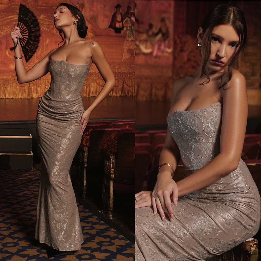 House of CB 'Persephone Pale Gold Chiffon Mesh Strapless Corset Maxi Dress S A-C